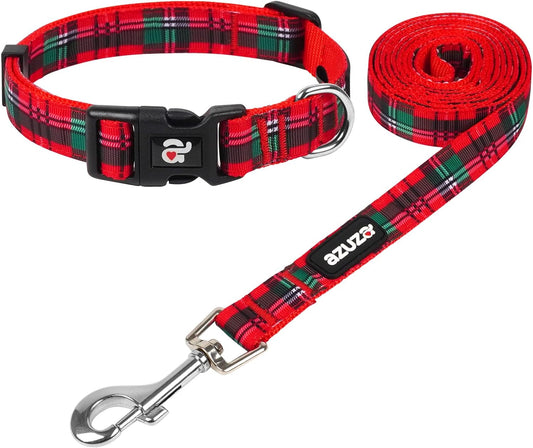 Christmas Dog Collar and Leash Set, Buffalo Plaid Dog Collar with Matching Leash for Small Dogs, Great for Christmas, New Year, Festivals and Daily Use